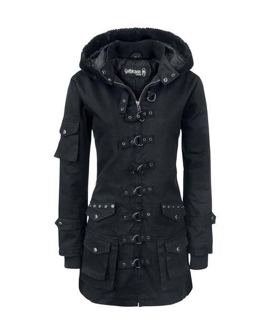 Parka negra con remaches para mujer de Gothicana by EMP