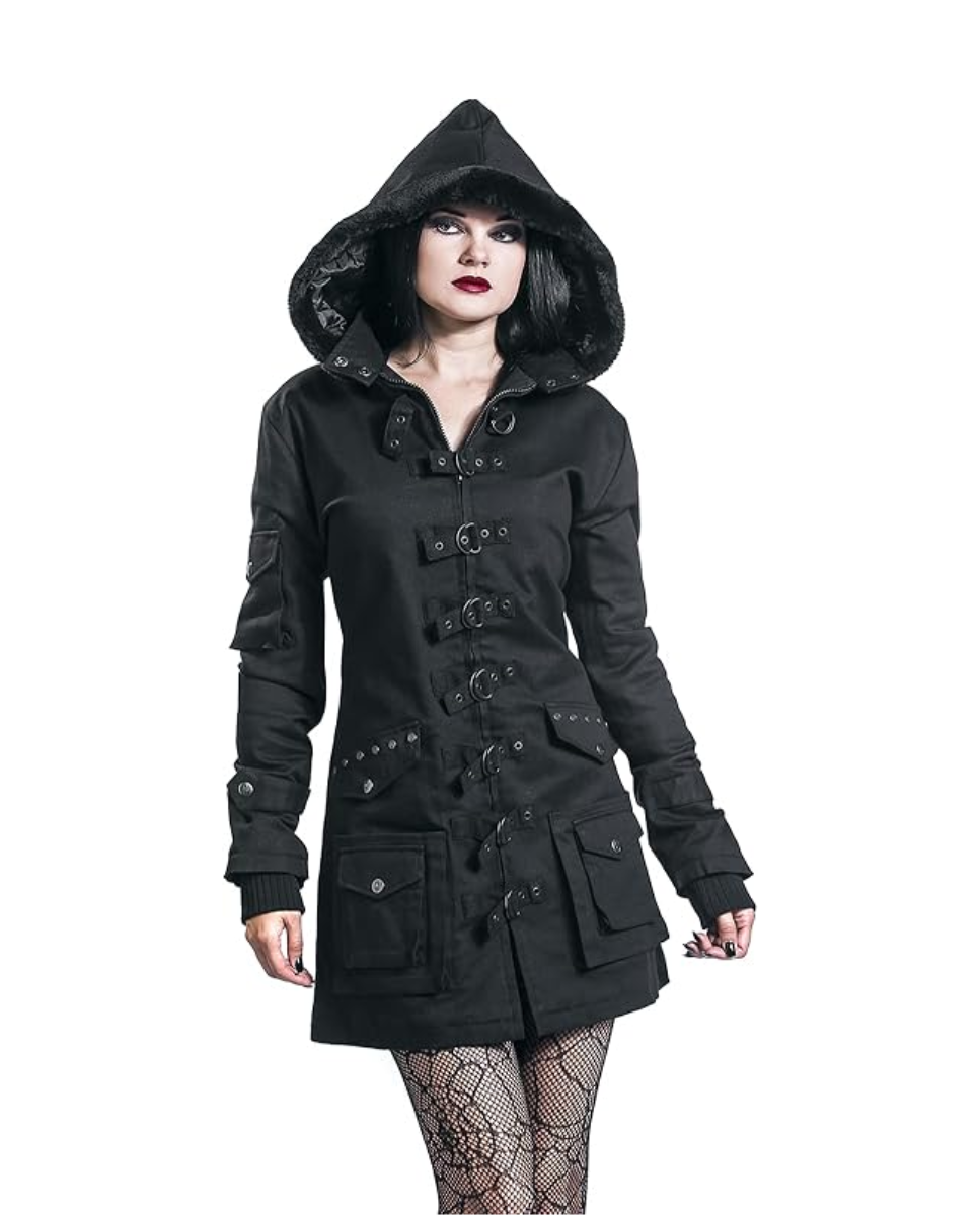 Parka negra con remaches para mujer de Gothicana by EMP